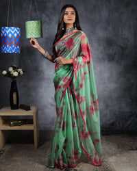 Persian Green And Maroon Tye And Dye Pattern Shimmer Tisshu Saree With Mirror Work Lace Border