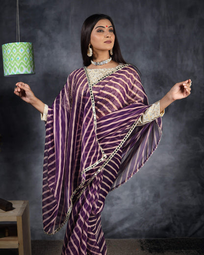 Grape Purple And Beige Leheriya Pattern Shimmer Tisshu Saree With Mirror Work Lace Border