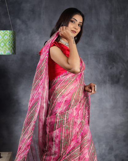 Pink And Green Leheriya Pattern Shimmer Tisshu Saree With Gota Patti Lace Border