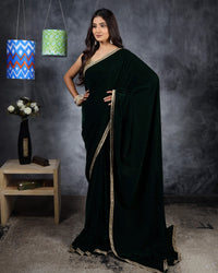 Green Plain Velvet Saree With Zari Stone Work Lace Border