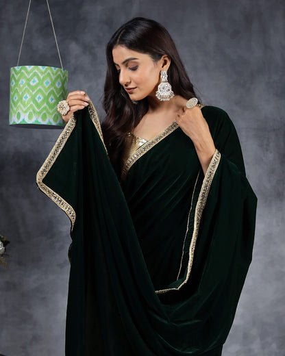 Green Plain Velvet Saree With Zari Stone Work Lace Border