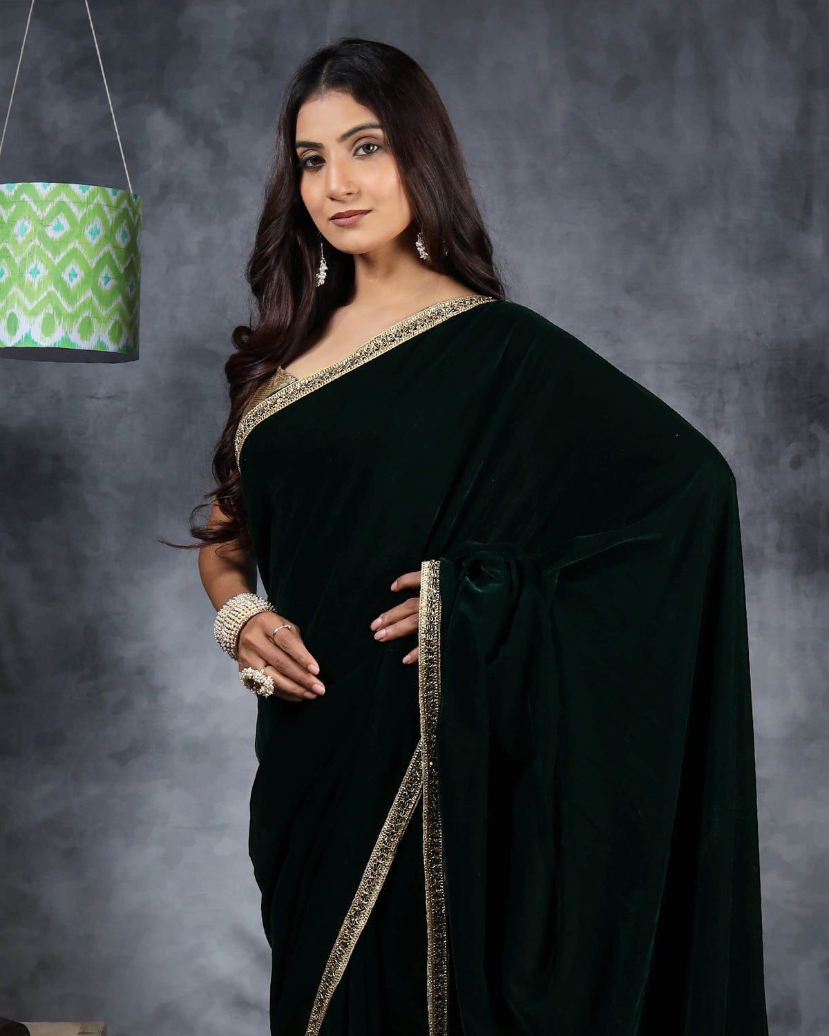 Green Plain Velvet Saree With Zari Stone Work Lace Border