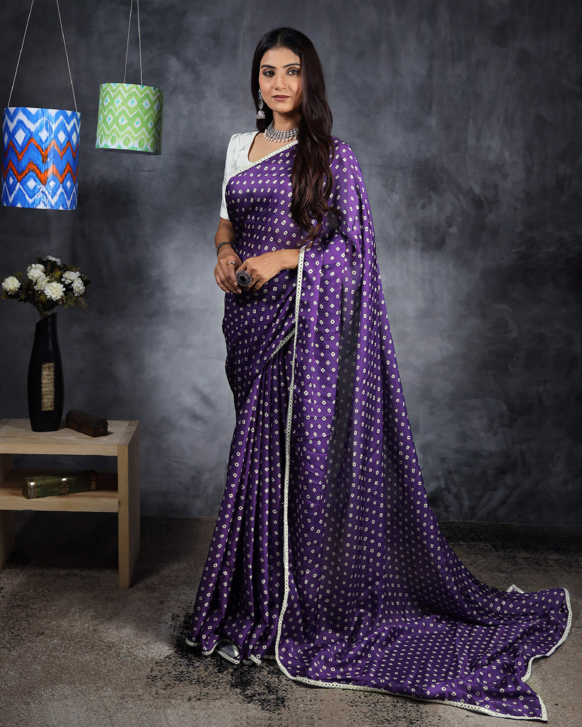 Grape Purple And White Bandhanii Pattern Digital Print Georgette Satin Saree With Foil Mirror Work Lace Border