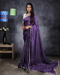 Grape Purple And White Bandhanii Pattern Digital Print Georgette Satin Saree With Foil Mirror Work Lace Border