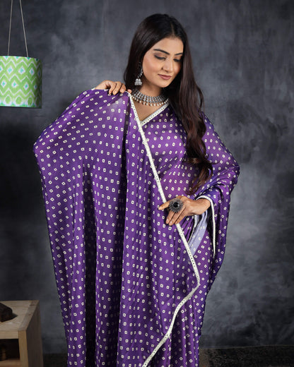 Grape Purple And White Bandhanii Pattern Digital Print Georgette Satin Saree With Foil Mirror Work Lace Border