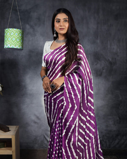 Eggplant Purple And White Chevron Pattern Digital Print Georgette Satin Saree With Tassels