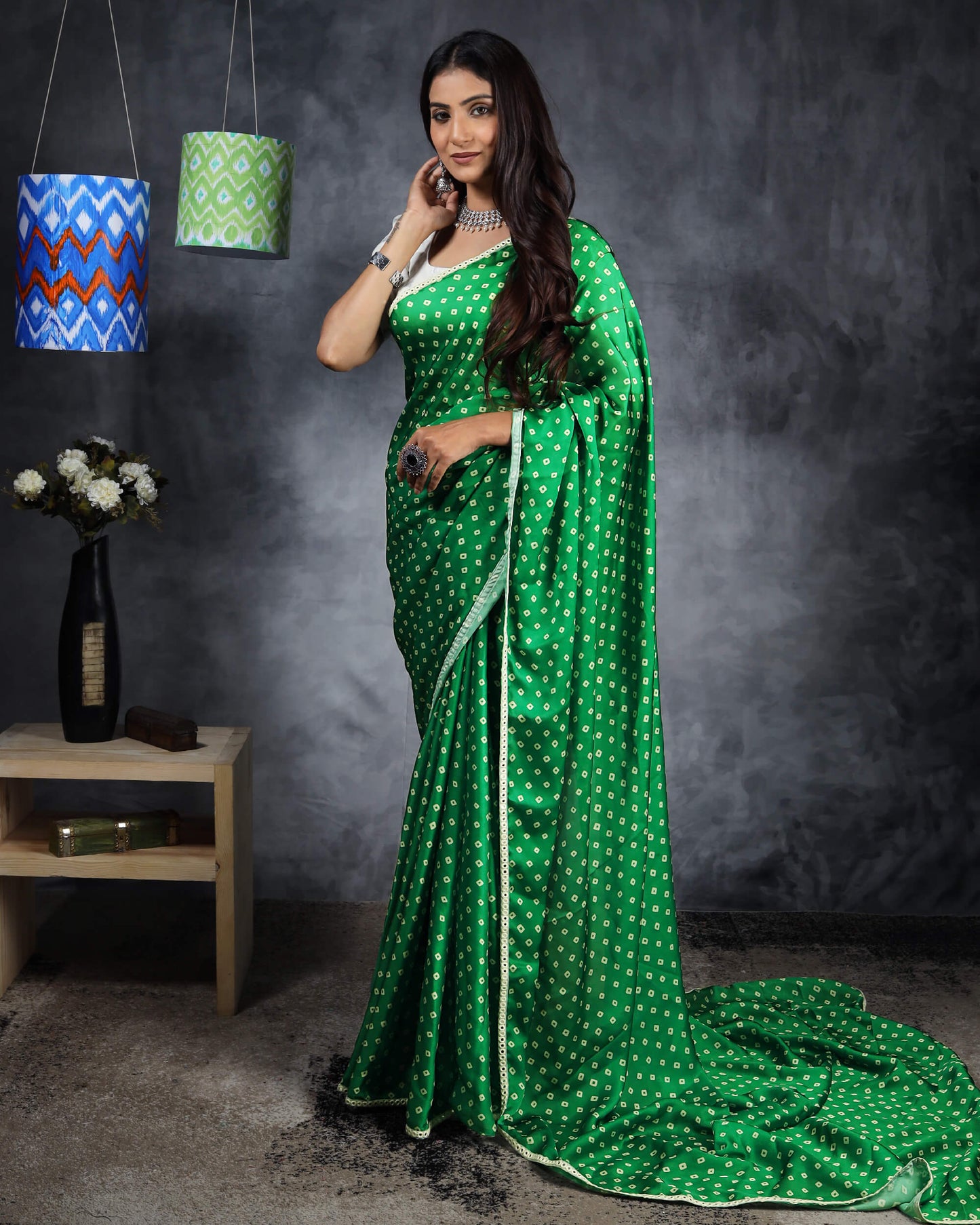 Forest Green And Beige Bandhani Pattern Digital Print Georgette Satin Saree With Foil Mirror Work Lace Border
