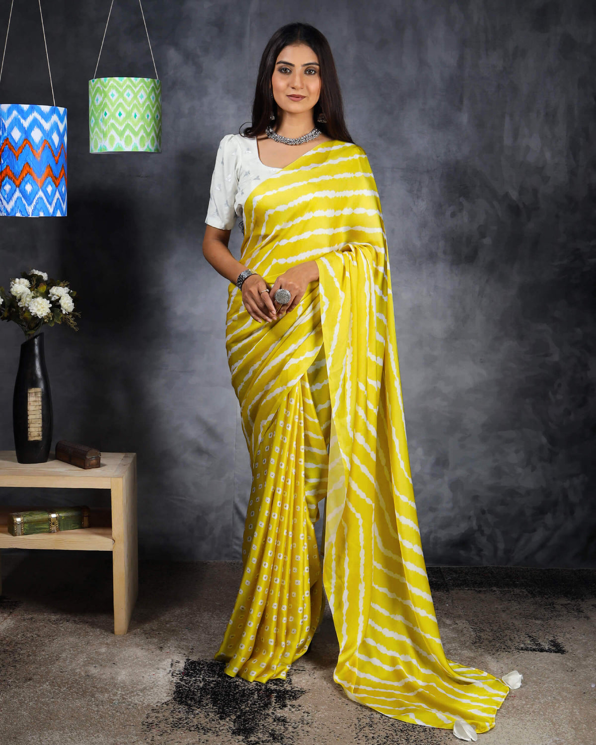 Royal Yellow And White Leheriya Pattern Digital Print Crepe Silk Saree With Tassels