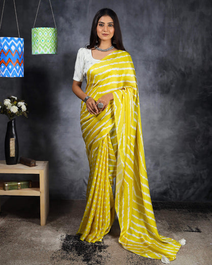 Royal Yellow And White Leheriya Pattern Digital Print Crepe Silk Saree With Tassels