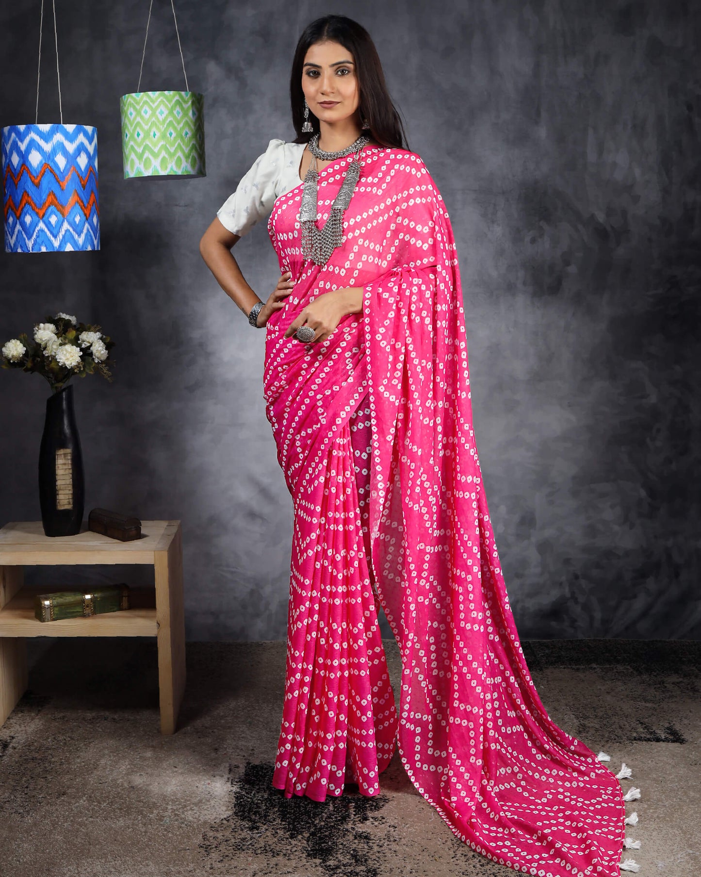 Deep Pink And White Bandhani Pattern Digital Print Water Lurex Chiffon Saree With Tassels