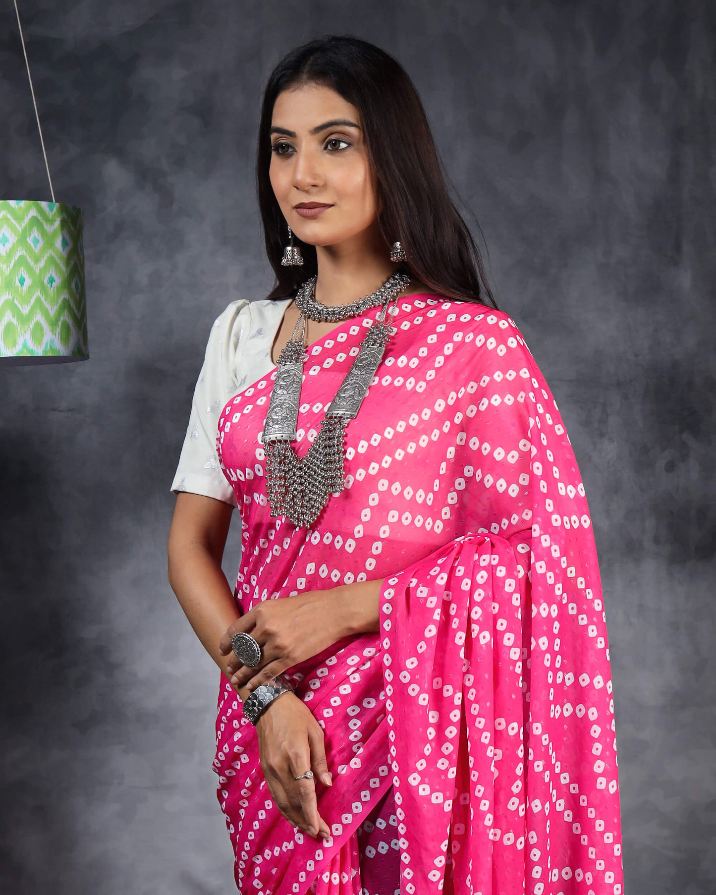 Deep Pink And White Bandhani Pattern Digital Print Water Lurex Chiffon Saree With Tassels