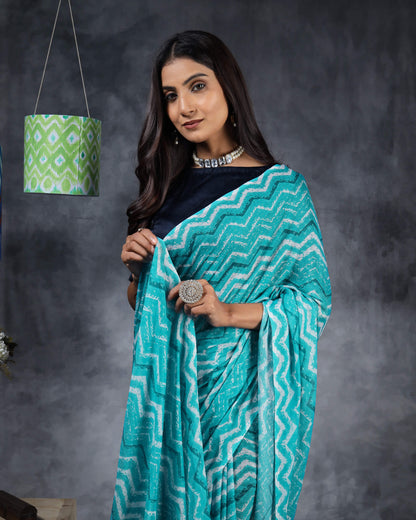 Turquoise And White Chevron Pattern Digital Print Water Lurex Chiffon Saree