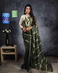 Army Green And White Shiiborii Pattern Shimmer Tisshu Saree With Pearl Work Lace Border