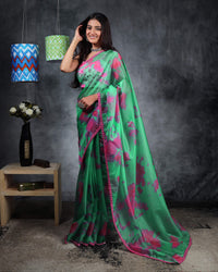 Persian Green And Pink Tye And Dye Pattern Shimmer Tisshu Saree With Mirror Work Lace Border