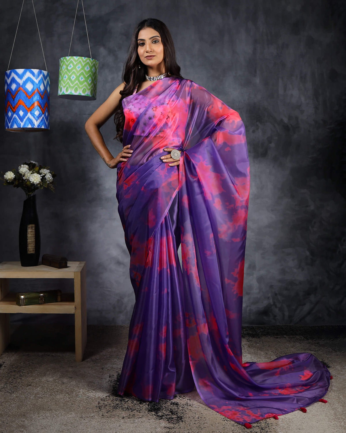 Purple And Pink Tye And Dye Pattern Liquid Organza Saree With Tassels