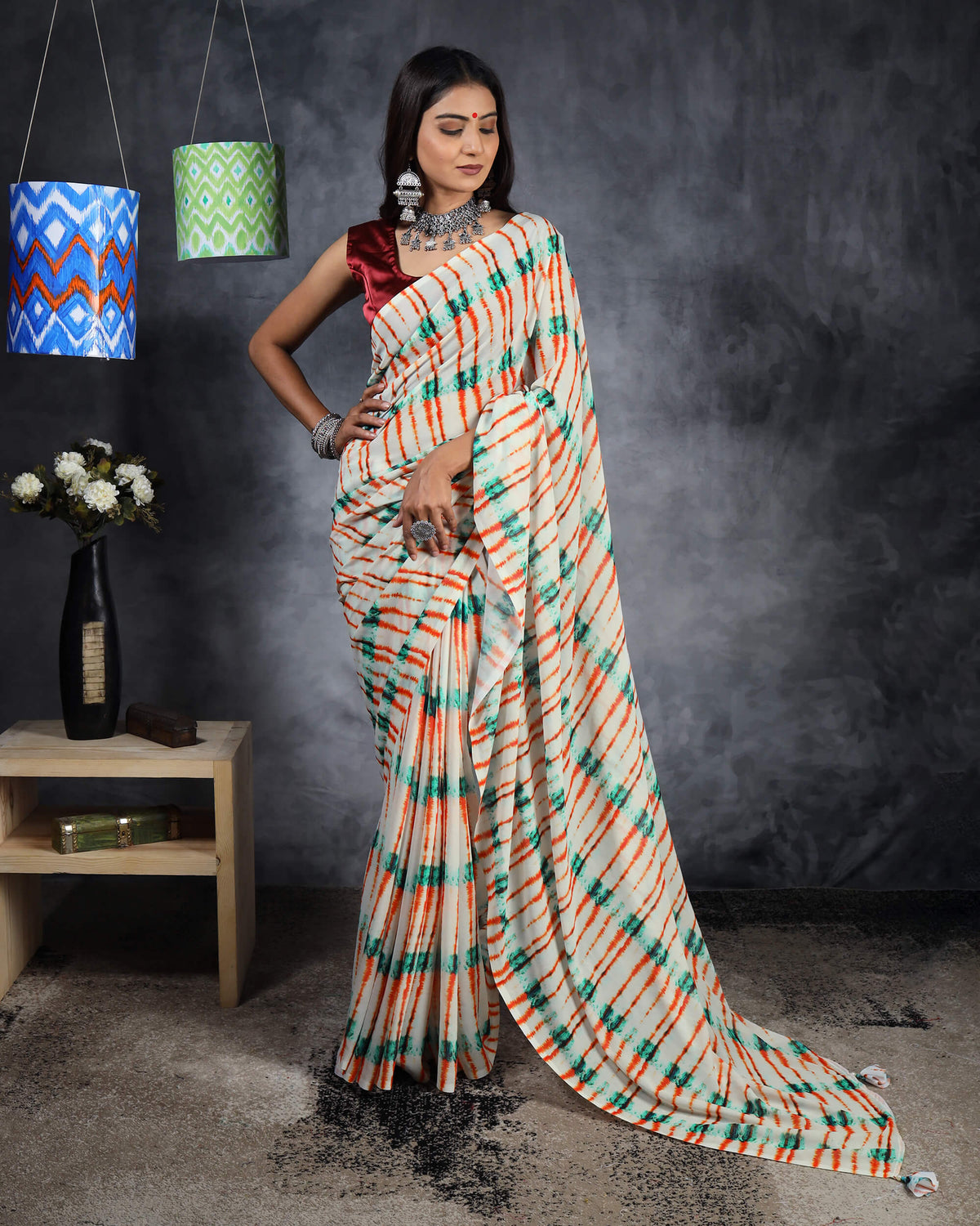 Off White And Orange Shiiborii Pattern Digital Print Georgette Saree With Tassels