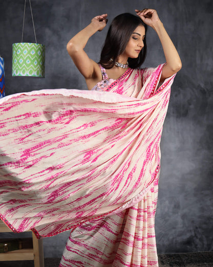 Cream And Hot Pink Shiiborii Pattern Digital Print Flat Silk Saree With Mirror Work Lace Border