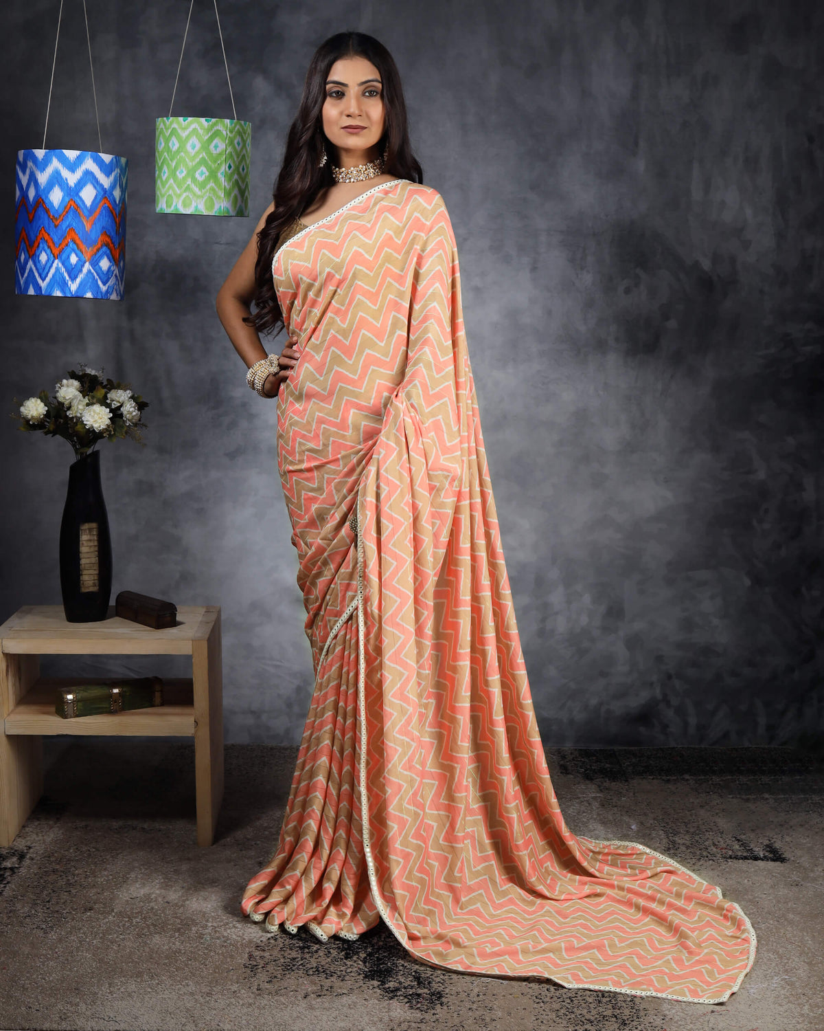 Peach And Beige Chevron Pattern Digital Print Lurex Dent Jacquard Georgette Saree With Foil Mirror Work Lace Border