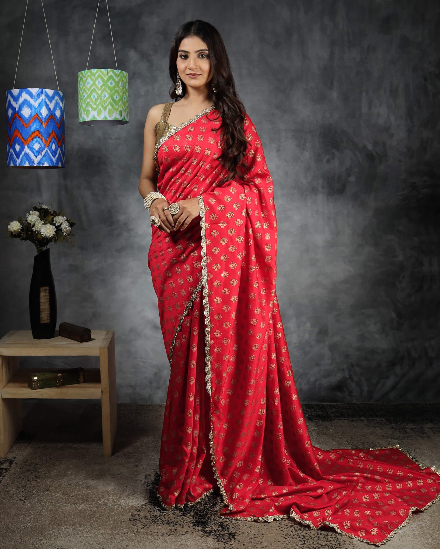 Red Booti Pattern Golden Foil Screen Print Chanderi Saree With Zari Sequins Lace Border
