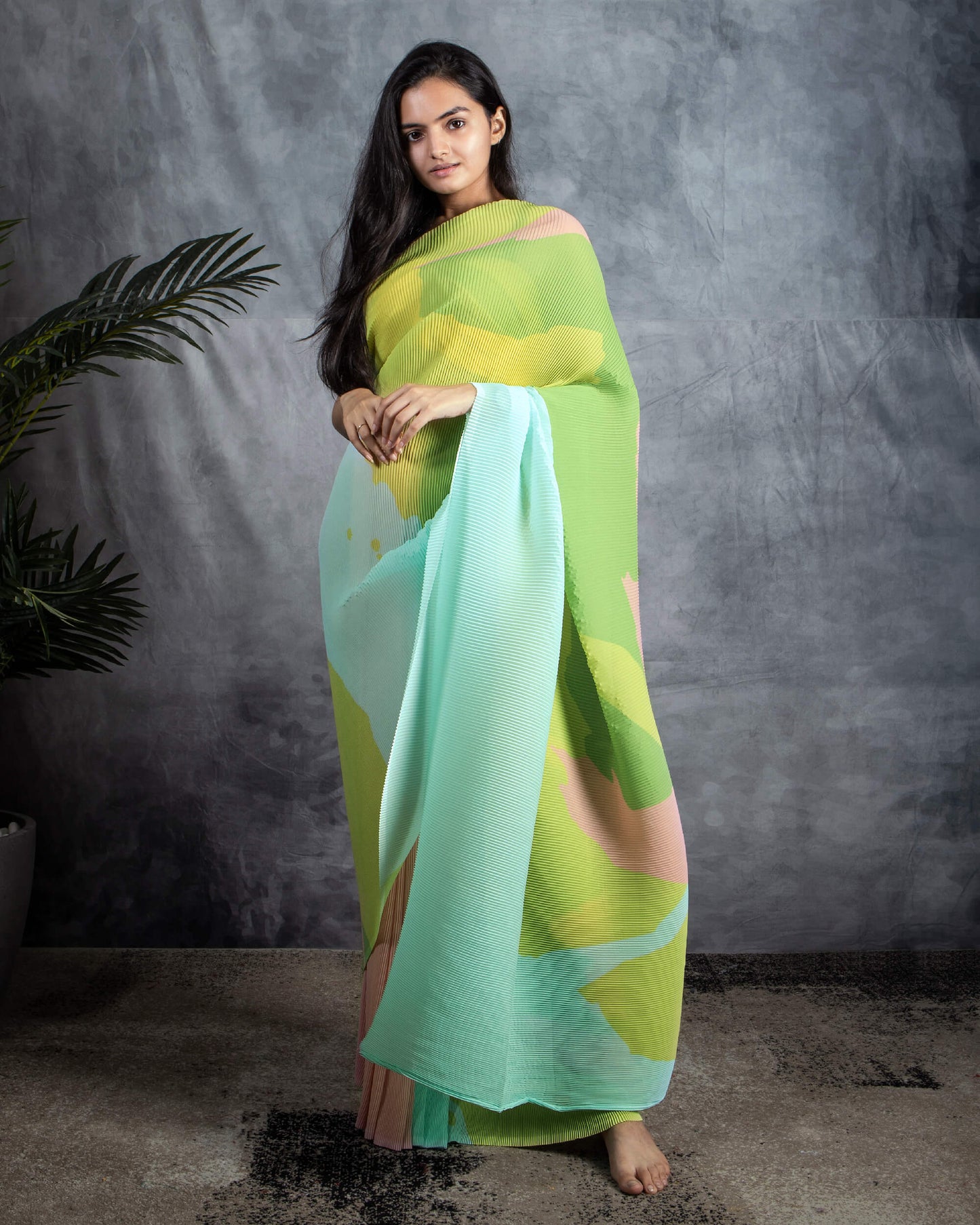 Mint Green And Yellow Abstract Pattern Digital Print Georgette Pleated Saree