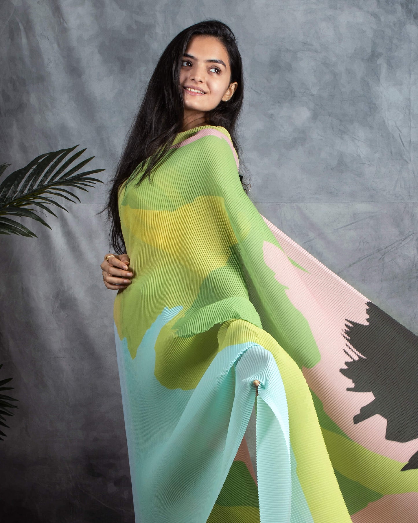 Mint Green And Yellow Abstract Pattern Digital Print Georgette Pleated Saree