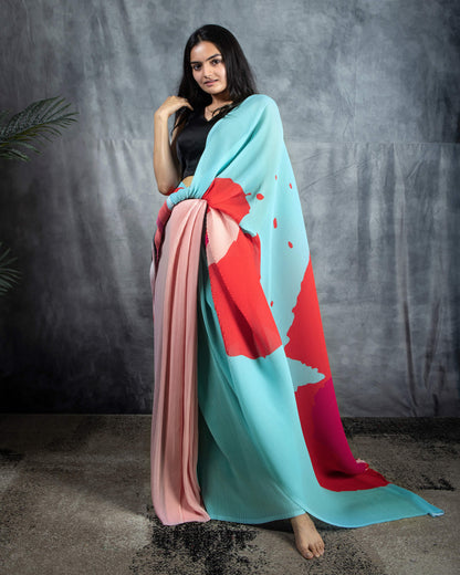 Pale Turquoise And Red Abstract Pattern Digital Print Georgette Pleated Saree