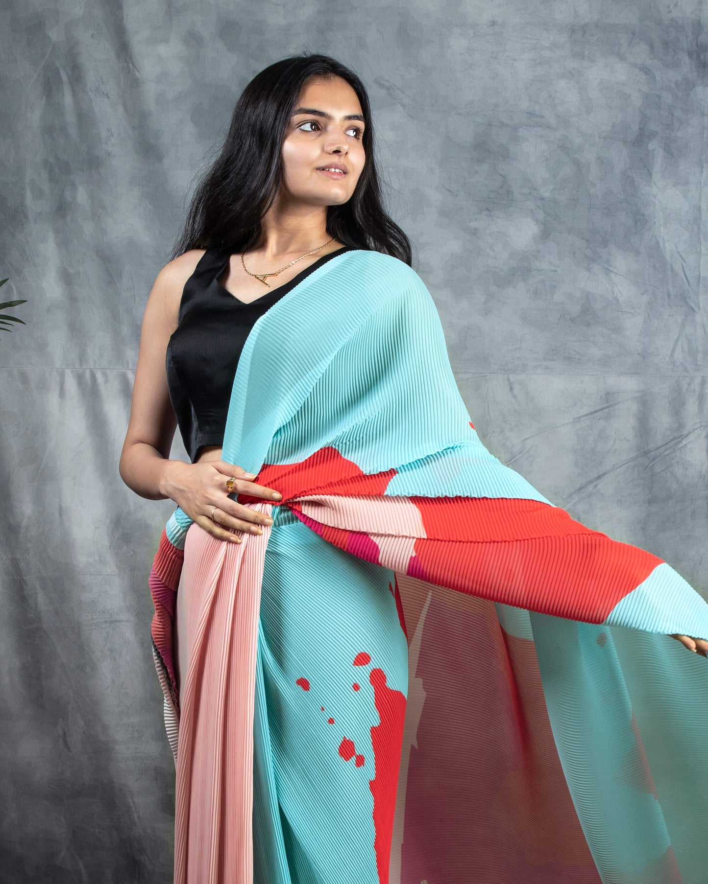Pale Turquoise And Red Abstract Pattern Digital Print Georgette Pleated Saree