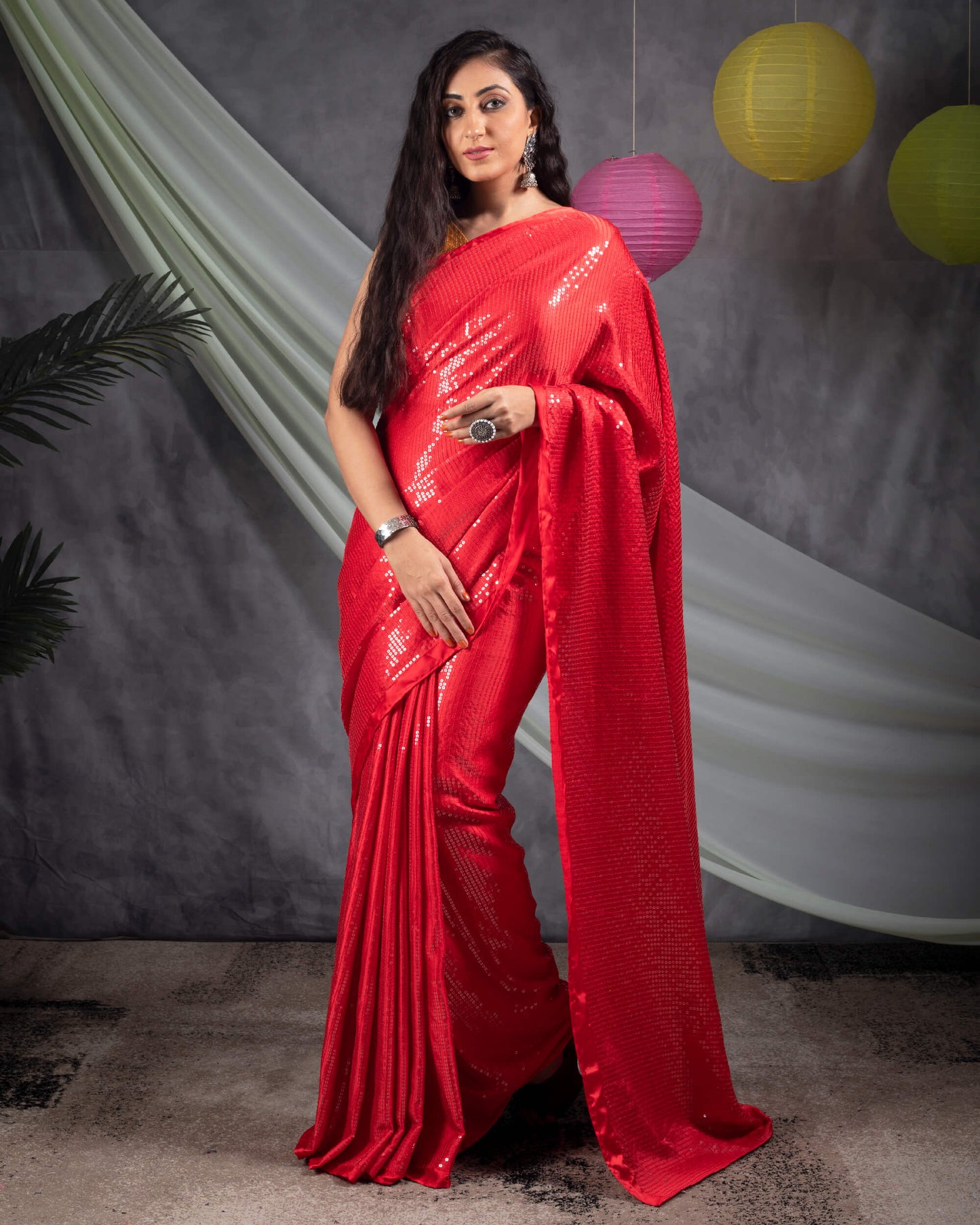 Chilli Red All Over Premium Water Sequins Japan Satin Saree