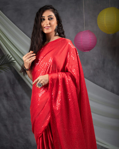 Chilli Red All Over Premium Water Sequins Japan Satin Saree