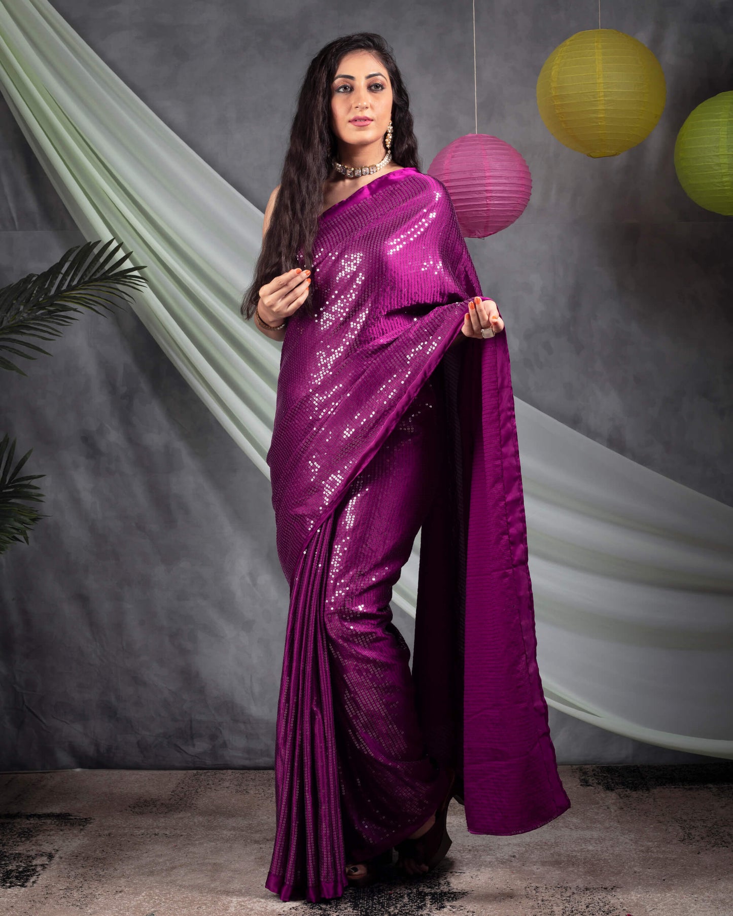 Wine Purple All Over Premium Water Sequins Japan Satin Saree