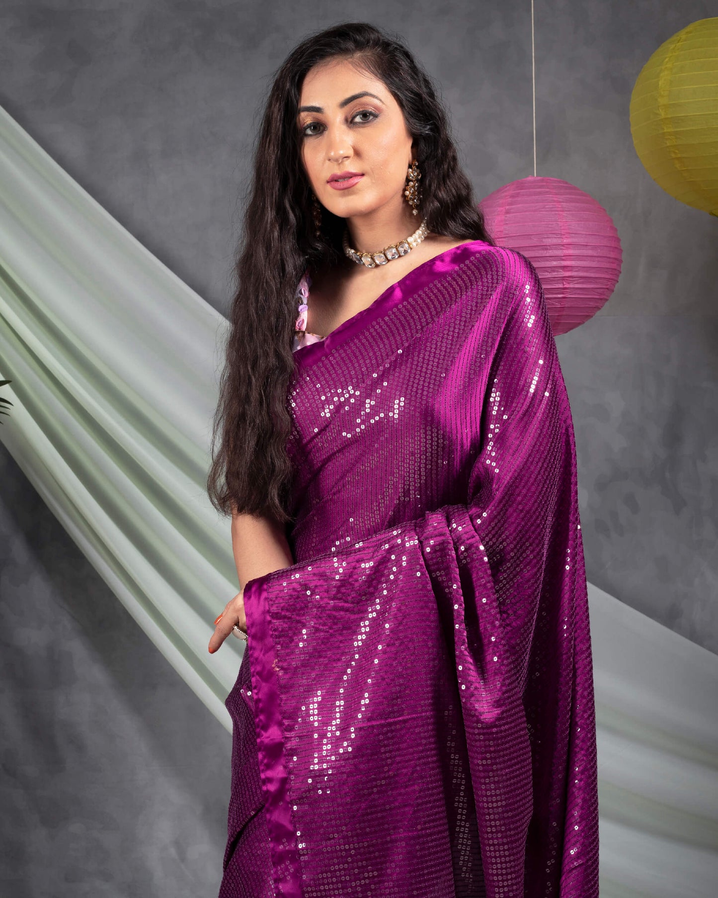 Wine Purple All Over Premium Water Sequins Japan Satin Saree