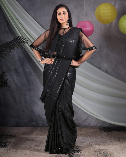 Black All Over Premium Water Sequins Japan Satin Saree