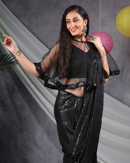 Black All Over Premium Water Sequins Japan Satin Saree