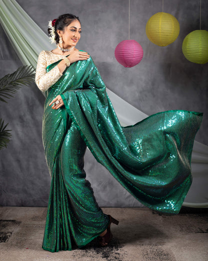 Sacramento Green All Over Premium Rainbow Sequins Japan Satin Saree
