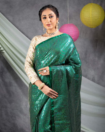 Sacramento Green All Over Premium Rainbow Sequins Japan Satin Saree