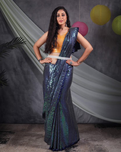 Navy Blue All Over Premium Rainbow Sequins Japan Satin Saree