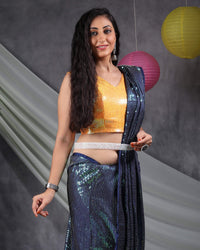 Navy Blue All Over Premium Rainbow Sequins Japan Satin Saree