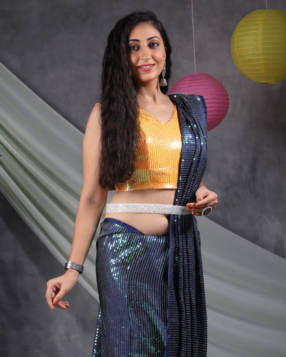 Navy Blue All Over Premium Rainbow Sequins Japan Satin Saree