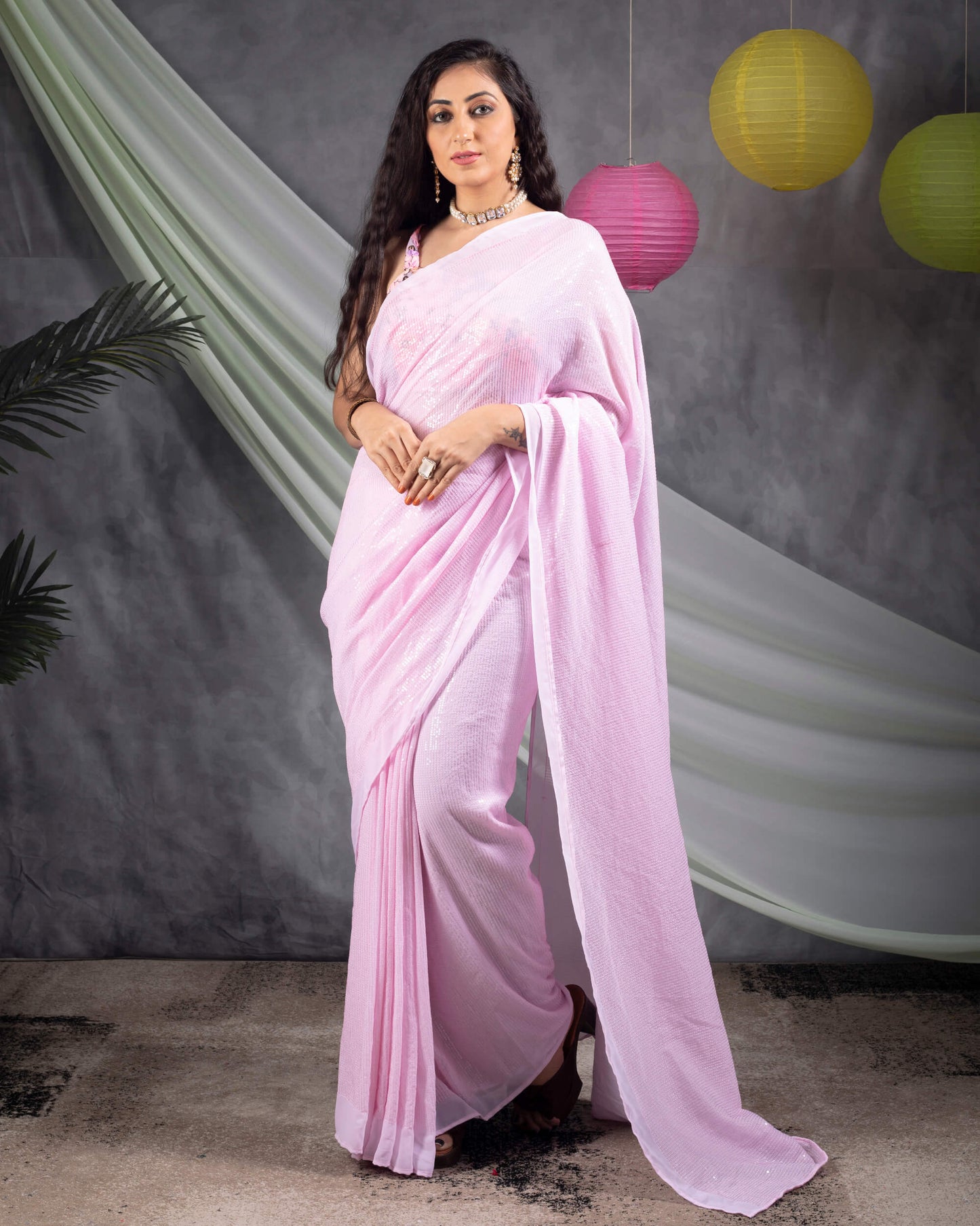 Lace Pink All Over Premium Water Sequins Georgette Saree