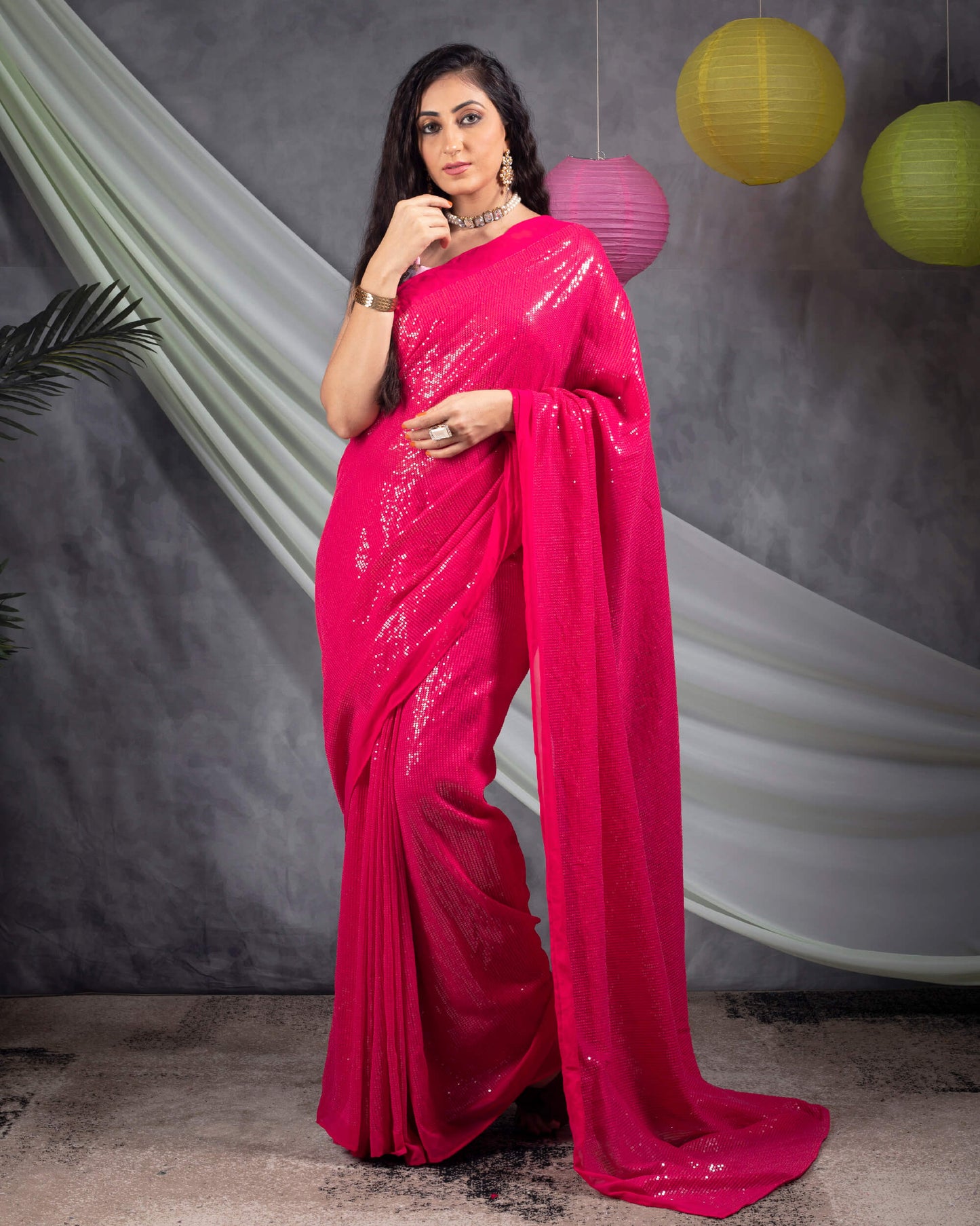 Cerise Pink All Over Premium Water Sequins Georgette Saree