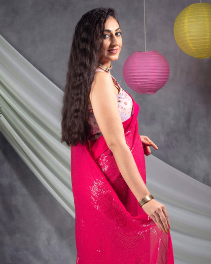 Cerise Pink All Over Premium Water Sequins Georgette Saree