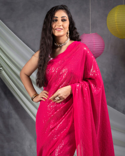 Cerise Pink All Over Premium Water Sequins Georgette Saree