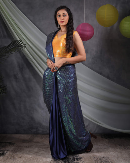 Navy Blue Plain Half All Over Premium Rainbow Sequins Japan Satin Saree