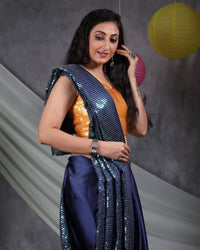 Navy Blue Plain Half All Over Premium Rainbow Sequins Japan Satin Saree