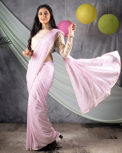 Lace Pink Leheriya Golden Dew Drops Georgette Saree With Pearl Work Lace Border