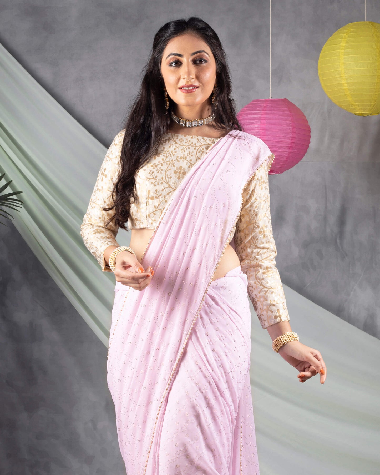 Lace Pink Leheriya Golden Dew Drops Georgette Saree With Pearl Work Lace Border