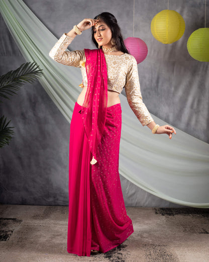 Cerise Pink Leheriya Golden Dew Drops Georgette Saree With Tassles