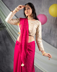 Cerise Pink Leheriya Golden Dew Drops Georgette Saree With Tassles