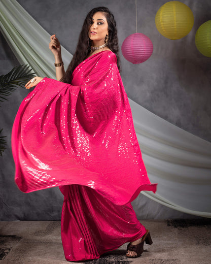 Cerise Pink All Over Premium Water Sequins Japan Satin Saree
