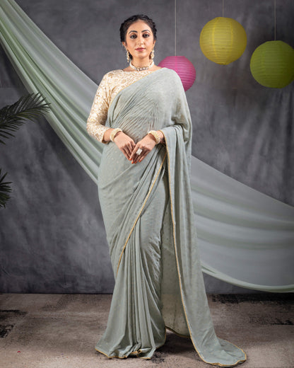 Dolphin Grey Leheriya Golden Dew Drops Georgette Saree With Zari Lace Border